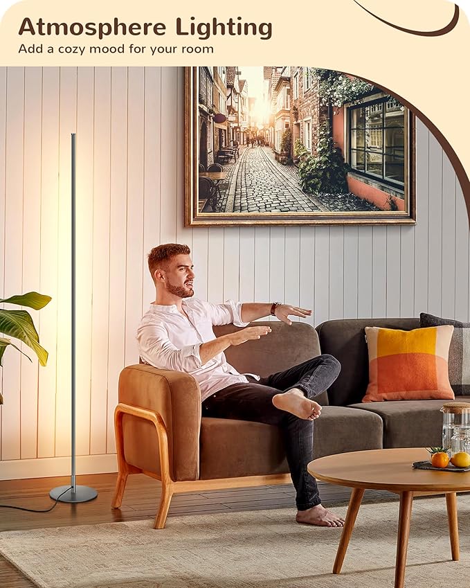 EDISHINE LED Corner Lamp, Set of 2 Minimalist Dimmable Light with Remote, 57.5" Tall Slim Sleek Floor Lamps for Living Room, Bedroom, Office, 7 Color Temperature 2700-6000K, (Silver)