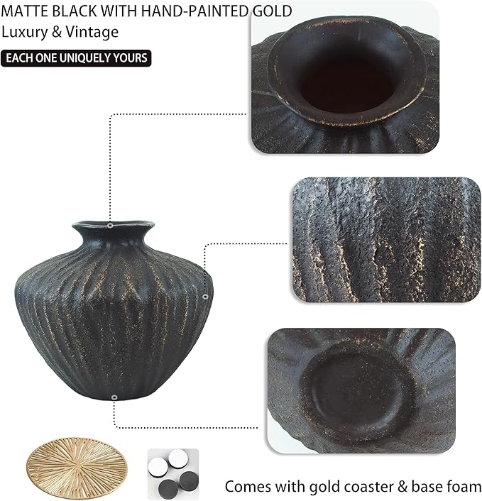 Small Black Ceramic Vase 6 Inch – Handmade Sculptural Decor with Hand-Painted Gold Detailing – Organic Accent Flower Vase for Shelf, Entryway or Table – Modern Minimalist Home Decoration
