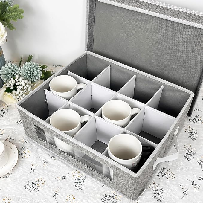 homyfort Mug and Wine Glass Storage Box with Dividers, Stemware Storage Cases and Coffee Cup Storage Organizer, China Crystal Storage Containers Hard Shell for Glassware Protection and Moving (Grey)