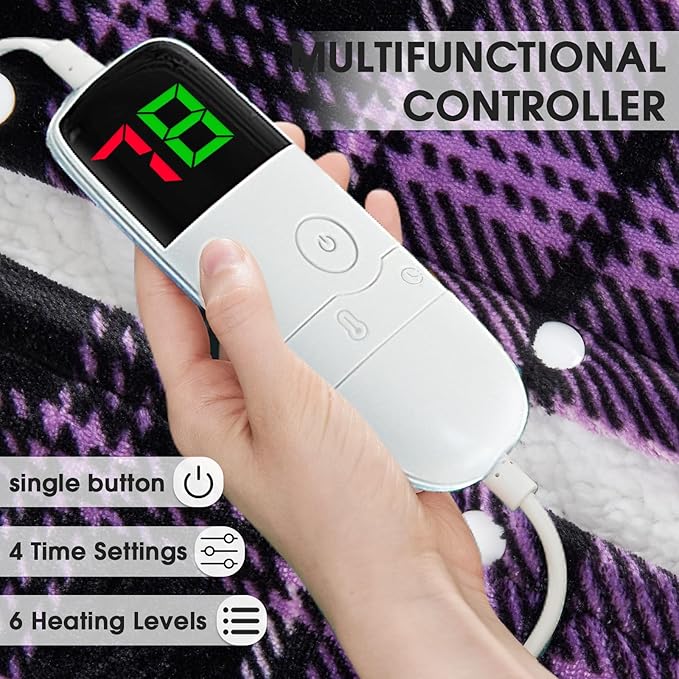 Heated Electric Blanket Queen Size, 84X90 Heating Blanket Queen with Dual Control&10 Heats Levels&Timer for Bed,Purple Plaid Sherpa Soft Blankets Warmer Gift for Grandma Women Adults, Washable,ETL