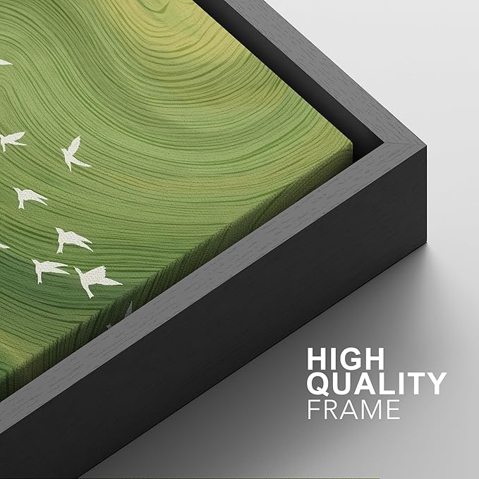 SIGNFORD Framed Canvas Print Wall Art Set Green Swirl Abstract White Birds Illustration Modern Art Decorative Nordic Nature for Living Room, Bedroom, Office - 16"x24"x2 Black