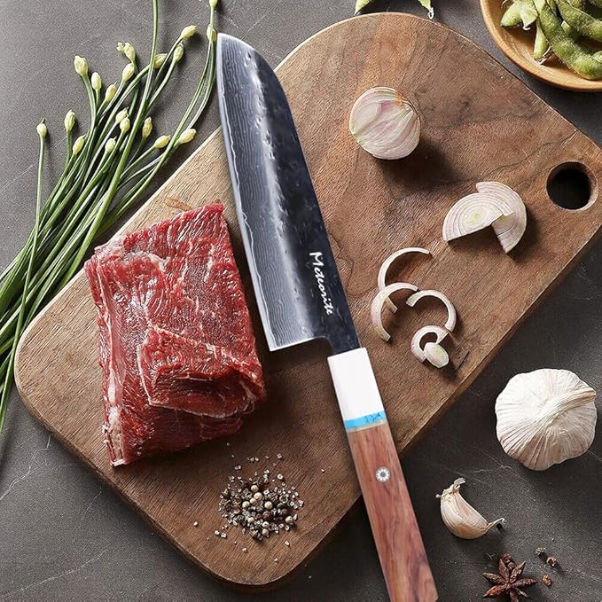 Santoku Knife 7in, Damascus Japanese Chef Knife, Professional Hand Forged Chef's Knives for Kitchen Cooking Meat Cleaver, Cutting Vegetables and Fruit, Razor-Sharp Chef's Knife with Gift Box, Black