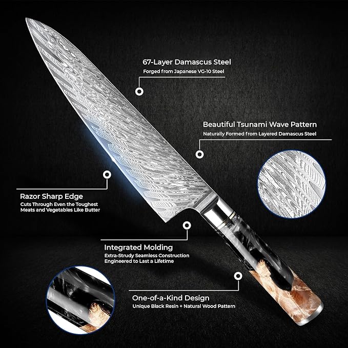 SENKEN Damascus Steel Chef's Knife - Tsunami Collection - 67-Layer Japanese VG10 Steel Core - Unique Black Resin & Natural Wood Handle, Razor Sharp, Beautiful Damascus Wave Pattern (Black)