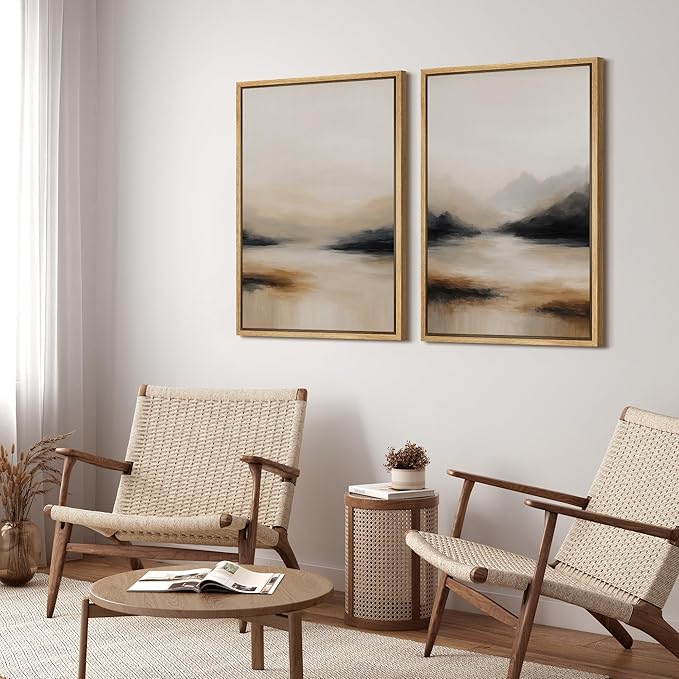 SIGNFORD Framed Canvas Print Wall Art Set Abstract Mountain Landscape Neutral Beige and Black Illustration Modern Art Decorative Nordic Nature for Living Room, Bedroom, Office - 16"x24"x2 Natural