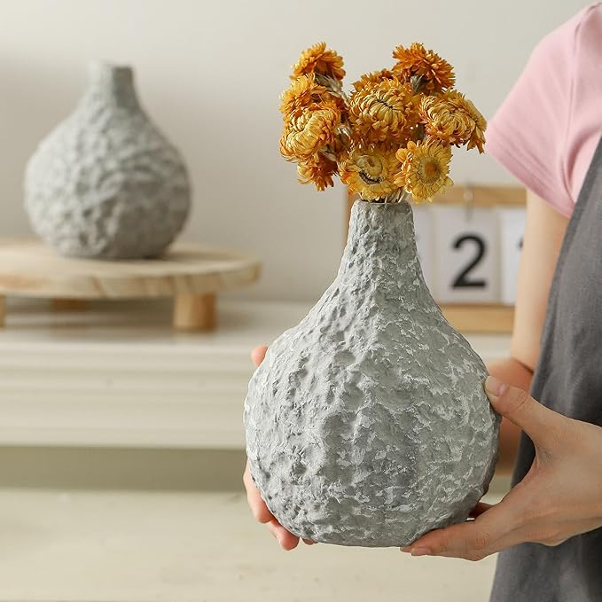 Stone Vases,Ceramic Bud Vase Set of 2,Minimalist Vases for Pampas Grass,Modern Vase for Wabi Sabi Home Decor, Shelf Decoration,Fireplace Decor,Coffee Table Decor