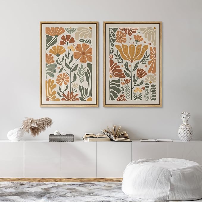 SIGNFORD Framed Canvas Print Wall Art Set Vintage Flower in Pastel Illustration Modern Art Decorative Nordic Nature for Living Room, Bedroom, Office - 24"x36"x2 Natural