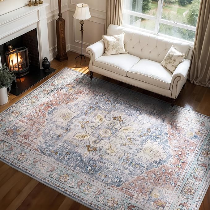 Pink Slate Blue Washable 5x7 Area Rugs for Living Room Rug Bedroom Rug-Carpet Vintage Traditional Dining Room Rugs Office Soft Comfortable Non Slip