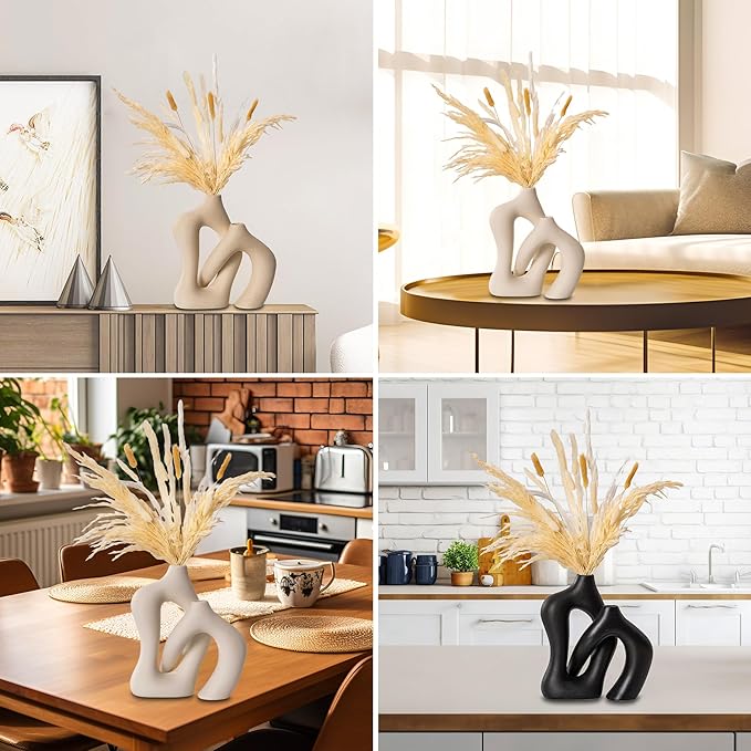 White Flower Vase Set - 2 Pack Minimalist Decor Ceramic Vase, Irregular Ceramic Modern Style Farmhouse for Kitchen Dining Table, Living Rooms, Bedrooms, Offices Decor (White)