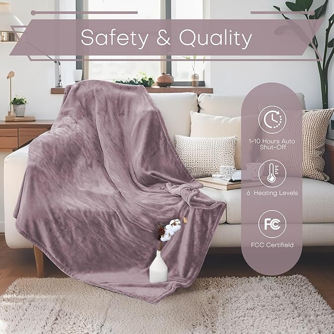 Electric Heated Blanket Full Size 72"x84" - Microplush & Sherpa Fabric Dual-Sided, 6 Heat Settings & 1-10 Hours Auto Off , Cozy Warming Throw for Home, Office, or Bed, Machine Washable, Lavender