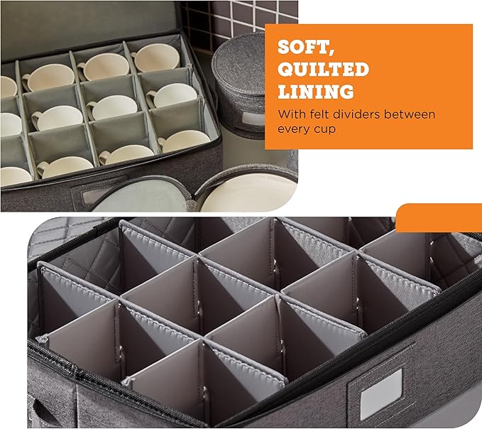 storageLAB Cup and Mug Storage Containers, Hard Shell Storage Case with Felt Dividers for Cups, Mugs, Dishes, and Glasses, Ideal for Kitchen Organizing and Moving Supplies - 1 Pack, Gray