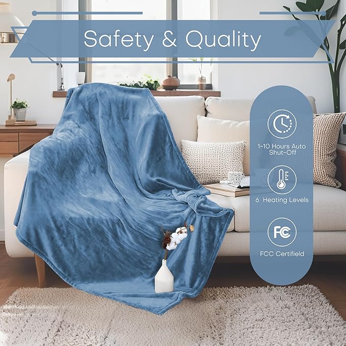 Electric Heated Blanket Twin Size 62"x84" - Microplush & Sherpa Fabric Dual-Sided, 6 Heat Settings & 1-10 Hours Auto Off , Cozy Warming Throw for Home, Office, or Bed, Machine Washable,Slate Blue