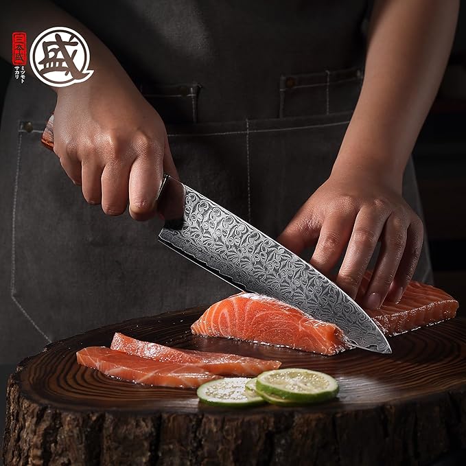 MITSUMOTO SAKARI Gyuto Chef Knife 8 inch, S301 Powder Damascus Steel Professional Kitchen Knife (Hand Forged)