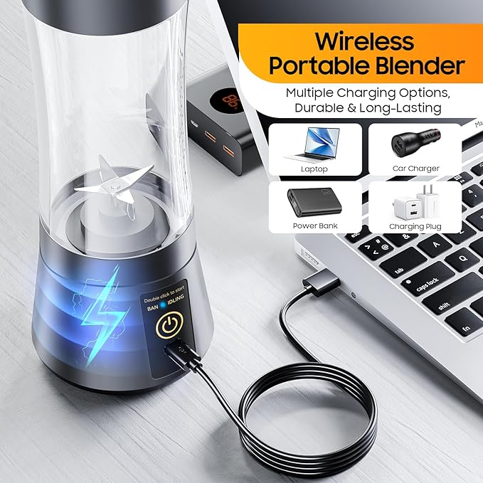 Portable Blender Make Shakes and Smoothies - USB Rechargeable Personal Size Mini Blender Freshly Squeezed, 380Ml BPA Free Travel Cup in Picnic/Office/Gym