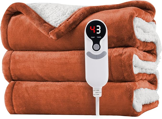 Electric Heated Blanket Twin Size 62"x84" - Flannel & Sherpa Fabric Dual-Sided, 6 Heat Settings & 10 Hours Auto Off, Soft & Cozy Warming Throw for Home, Office, or Bed, Machine Washable, Caramel