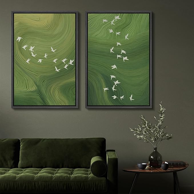 SIGNFORD Framed Canvas Print Wall Art Set Green Swirl Abstract White Birds Illustration Modern Art Decorative Nordic Nature for Living Room, Bedroom, Office - 16"x24"x2 Black