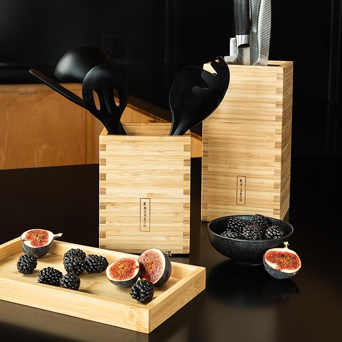 KAIZEN Bamboo Knife Block Without Knives - Perfectly Sized Universal Knife Holder for Knives, Scissors - Unique Knife Storage for Counter Top with Anti-Slip Base
