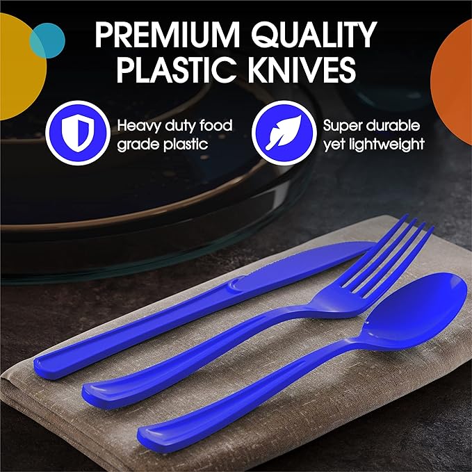 Party Solids Dark Blue Plastic Knives 200 Pcs Dark Blue Knives Disposable Utensils Heavy Duty Plastic Cutlery Set Disposable Cutlery Sets Flatware Sets Silverware Set Party Supplies & Party Tableware