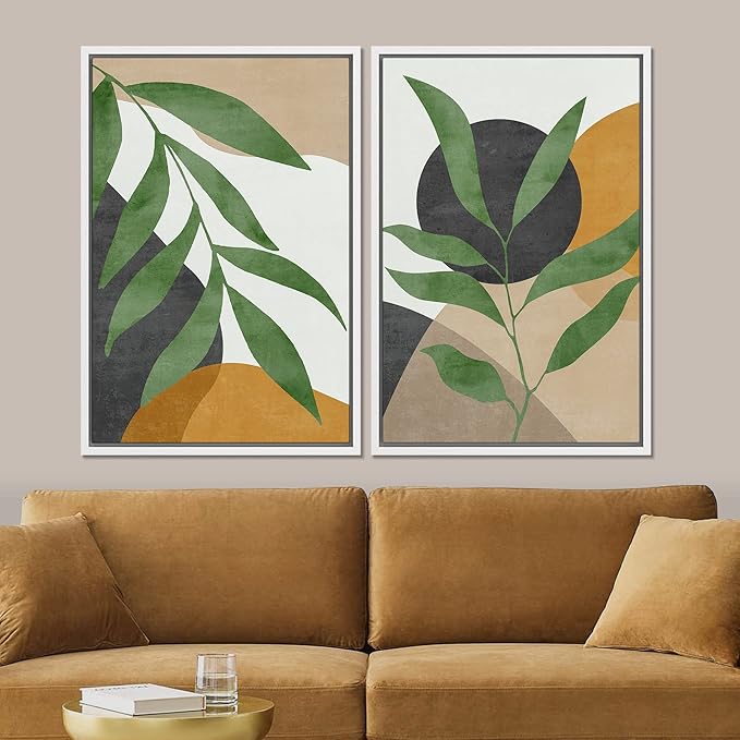 SIGNFORD Framed Canvas Print Wall Art Set Geometric Mid-Century Plant Collage Abstract Shapes Illustration Modern Art Decorative Nordic Nature for Living Room, Bedroom, Office - 16"x24"x2 White