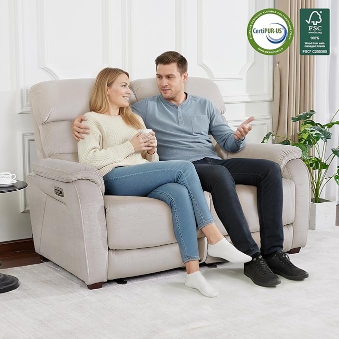 MCombo Zero Wall Recliner Loveseat, Power Recliner Loveseat with Adjustable Headrest, USB A & C Charge Ports, Wood Legs, for Living Room, RVs, Small Spaces (Fabric, ST258M1, Beige)