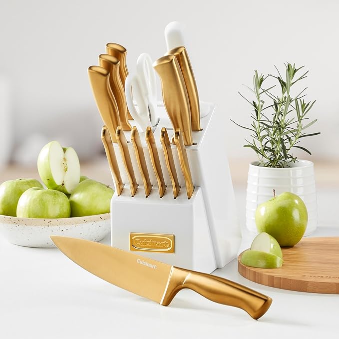 Cuisinart Professional Block Knife Set, 15pc Cutlery Knife Set with Steel Blades for Precise Cutting, Lightweight, Stainless Steel, Durable & Dishwasher Safe (White/Gold)