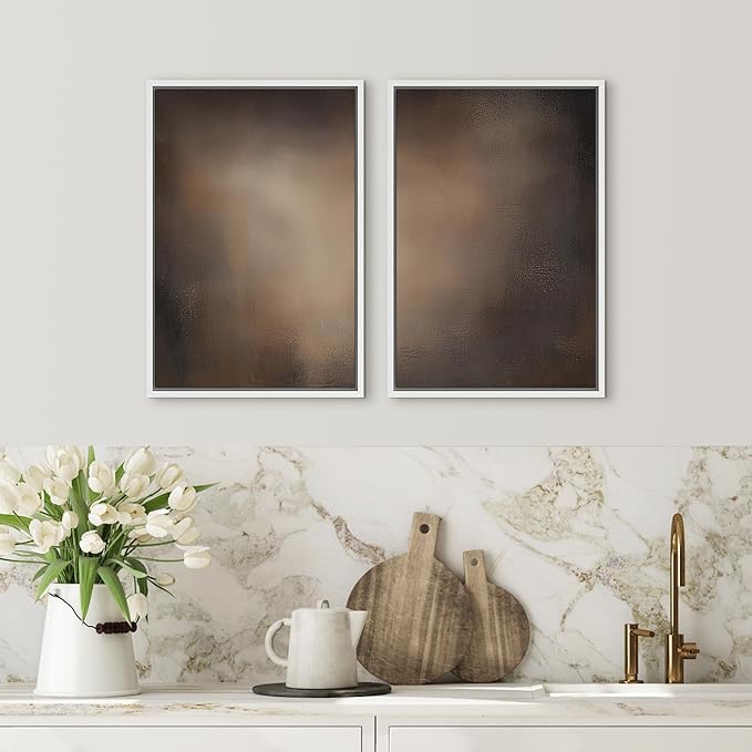 SIGNFORD Framed Canvas Print Wall Art Set Darkened Metallic Texture in Brown Tones Industrial Style Abstract Illustrations Modern Art Decorative for Living Room, Bedroom, Office - 24"x36"x2 White