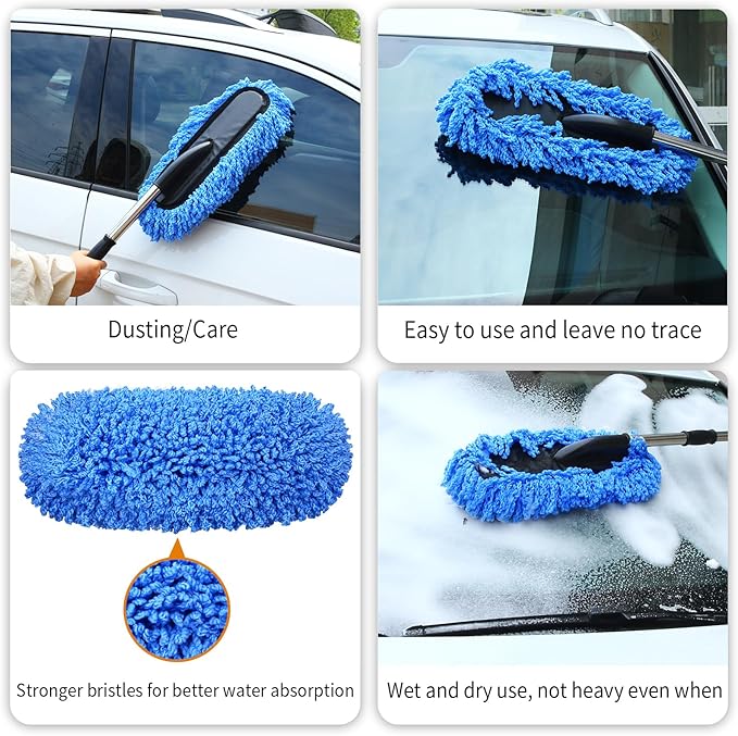 Expandable Car Exterior Duster for Cleaning, Microfiber Interior Scratch-Free Dust Cleaning Brush, Washable RV Cleaning Tool, Essential Car Wash Brush for Car Cleaning Kits. Blue 31 in.
