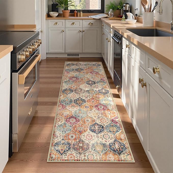 Lahome Moroccan Trellis Hallway Rug, 2x5 Washable Runner Rug Non Slip Kitchen Runners for Hallways, Ultra-Thin Vintage Carpet for Bedroom Bathroom Entryway, Cream/Multi