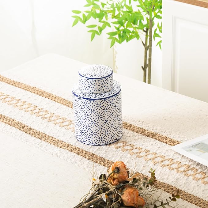 Ceramic Decorative Jars with Lid, Blue and White Ginger Jar for Home Decor, Cylindrical Vase Decor, 7.7x5.4 Inch, Blue Line
