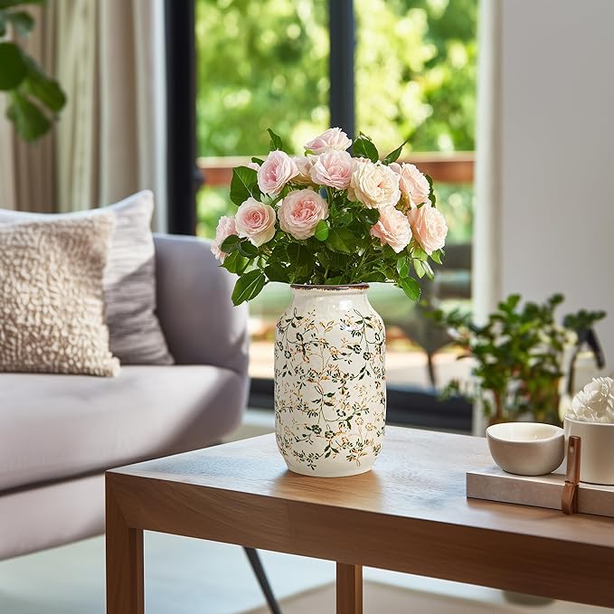 White and Green Vintage Vase, Chinoiserie Floral Vases for Flowers, Rustic Farmhouse Ceramic Vase for Home Decor, Living Room, Shelf, Office, Vintage Room Decor, 9 inch