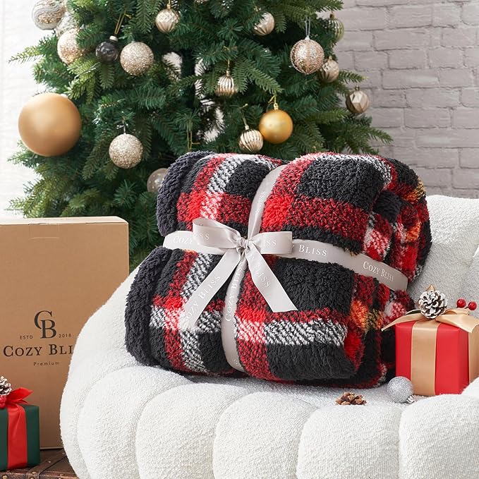Cozy Bliss Luxury Sherpa Throw Blanket for Couch, Premium Reversible Buffalo Plaid Thick Throw, Warm Cozy Soft Blanket for Home and Gifts (Scotland Plaid Red, 50" x 60")