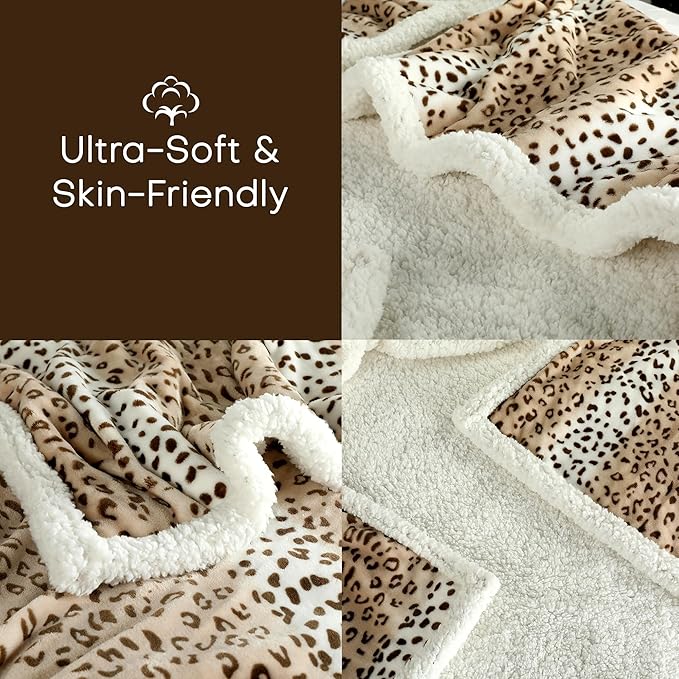 Electric Heated Blanket Throw Size 50"x60" - Microplush & Sherpa Fabric Dual-Sided, 6 Heat Settings & 3 Hours Auto Off, Cozy Warming Throw for Office or Bed, Machine Washable, Beige Leopard Print