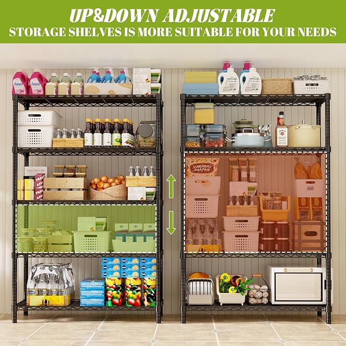 Storage Shelves, 4 PCS 36" L x 14" W x 72" H Heavy Duty Garage Wire Shelving Unit Loads 1750LBS, 5-Tier Adjustable Metal Industrial Utility Shelf Rack for Kitchen, Laundry Room, Basement