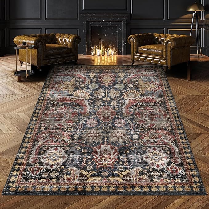 RUGSURE Washable Area Rugs - Perfect for Living Room, Bedroom, Kids Room, Nursery - Stain & Water Resistant Non-Slip, Pet & Child Friendly, Vintage Tribal Area Rugs (Rust, 9' x 12')