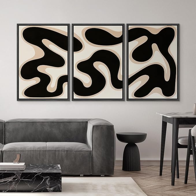 SIGNWIN Framed Canvas Print Wall Art Modern Abstract Organic Shapes Black and Beige Fluid Pattern Photography Modern Art Minimalist Black and White for Living Room, Bedroom, Office - 16"x24"x3 Black