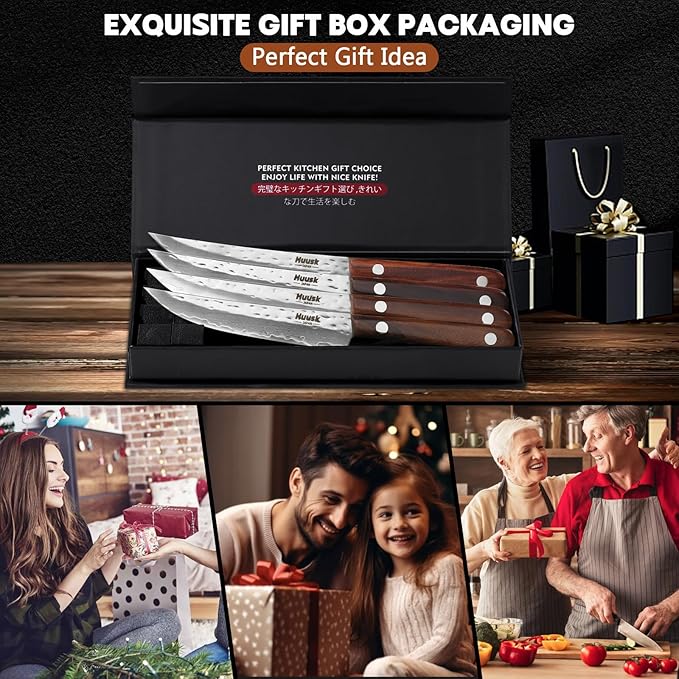 Huusk Knife Set, Steak Knives Set of 4, Japanese Steel Kitchen Steak Knives 4.9 Inch With Wood Handle, Non-serrated Meat Knife with Damascus Pattern, Full Tang Dinner Knife With Gift Box