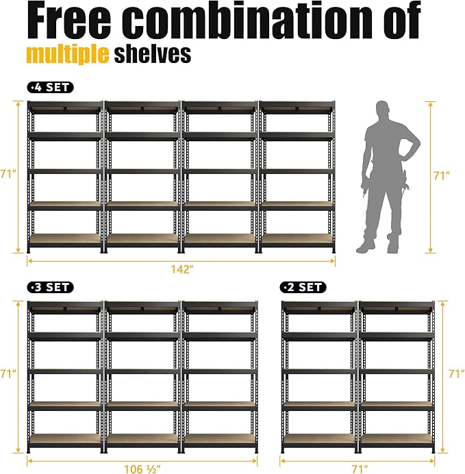 PrimeZone Storage Shelves 2 Packs 5 Tier Adjustable Garage Storage Shelving, Heavy Duty Metal Storage Utility Rack Shelf Unit for Warehouse Pantry Closet Kitchen, 35.5" x 15.75" x 71", Black