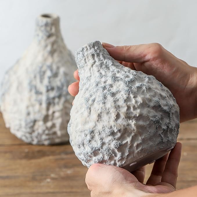 Stone Vases Set of 2, Ceramic Bud Vase Minimalist Vases for Pampas Grass,Modern Vase for Wabi Sabi Home Decor, Shelf Decoration,Fireplace Decor,Coffee Table Decor