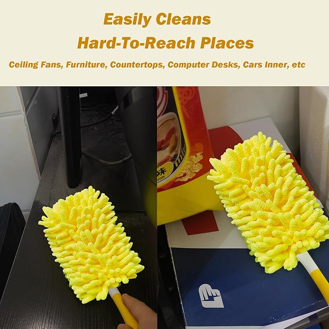 Reusable Duster for Swiffer, 2 Refills +1 Handle, 360 Heavy Duty Duster Refill Compatible with Swiffer Hand Dusters, for Dusting Furniture, Blinds, Ceiling Fans, Walls and More, Yellow