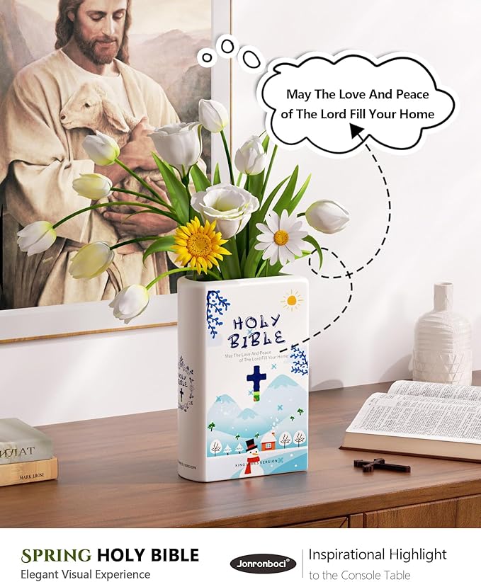Bible Blessings Winter Flower Vase - Modern Ceramic Book-Shaped Vase for Flowers - Christian Desk Decor for Prayer Room, Dining Table, Coffee Table, Entryway, Religious Gifts (Sky Blue Winter, XL)