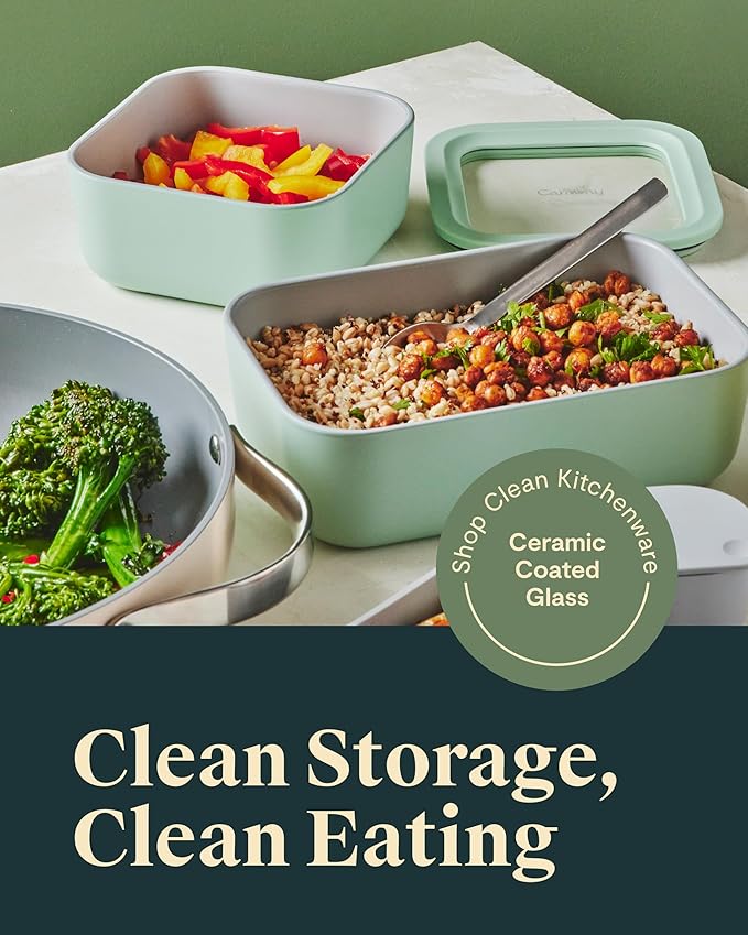 Caraway 2pc Glass Food Storage Set - 6.6 Cup Food Containers (2) - Ceramic Coated - Non Toxic, Non Stick Lunch Box with Lids. Dishwasher, Oven, & Microwave Safe - Perracotta