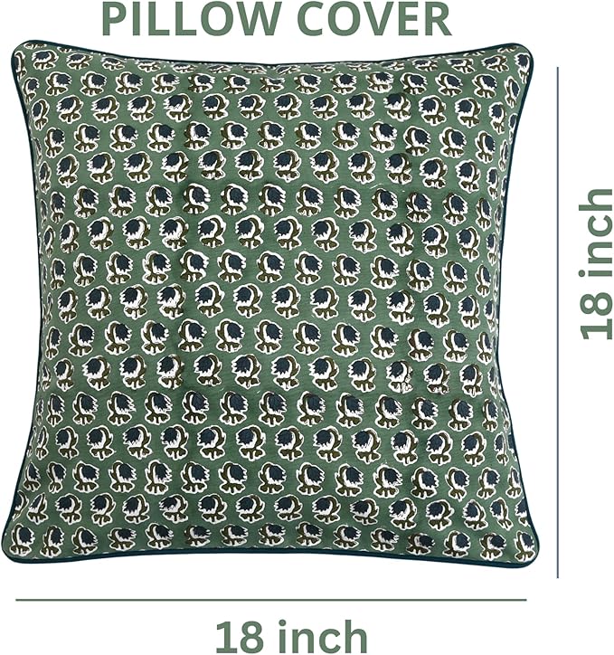 Ridhi Basil Green Block Print Cotton Canvas Throw Pillow Covers for Decorative Couch Pillows for Living Room, Chic Boho Cute Outdoor Valentine Pillows Covers Gifts 18x18 Inches