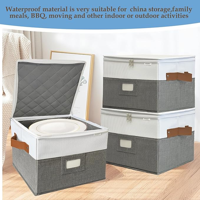 China Storage Containers,Quilted Dish Plate Storage with Stackable Lid for Dinnerware Kitchen Moving,2PACK 12 * 12 * 8in(Grey)