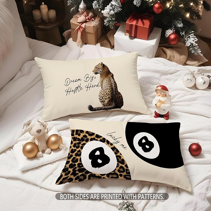 Trendy Leopard Lucky 8 Ball Pillow Covers 20x12, Cheetah Leopard Print Room Decor, Funky Preppy Leopard and Black Billiards Decorative Throw Pillow Covers for Girls Dorm Apartment,Set of 2