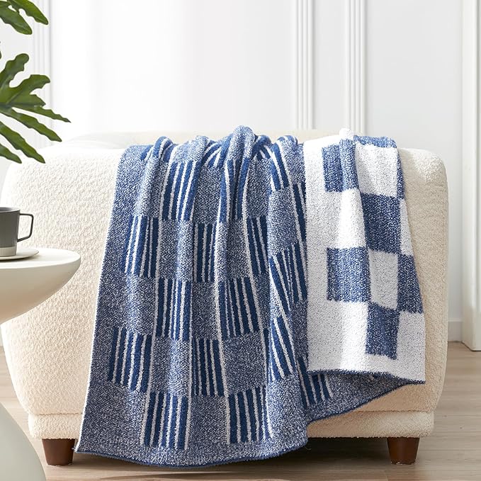 Snuggle Sac Navy Faux Fur Checkered Blanket Twin Size with Soft Knitted Microfiber Fabric,Fluffy Soft Warm Blanket for Sofa Bedroom,Cute Lightweight Striped Throws for Women,Heather Navy,60x80 inches