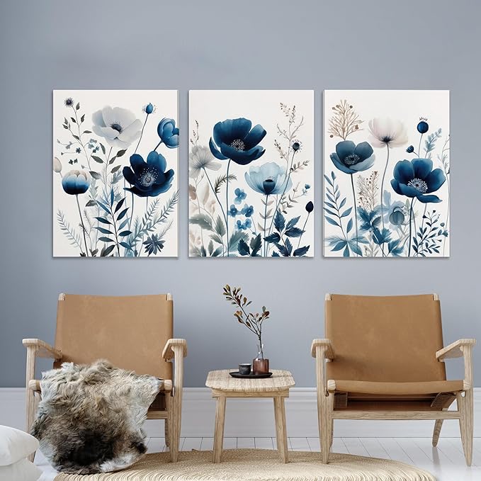 DUWQU 3 Pcs Blue Floral Canvas Wall Art, Elegant Navy Blue Wildflower Lily Daisy Art Wall Decor, Watercolor Botanical Flower Home Poster Art Prints for Living Room Bedroom Bathroom 16×24 Inches