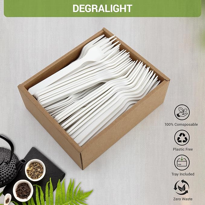100% Compostable Froks - 100Pcs Heavy Duty Forks Disposable Utensils, BPA-Free, Heat Resistant, CPLA Disposable Forks, BPI Certified CPLA Disposable Cutlery for Party, Office & Picnic