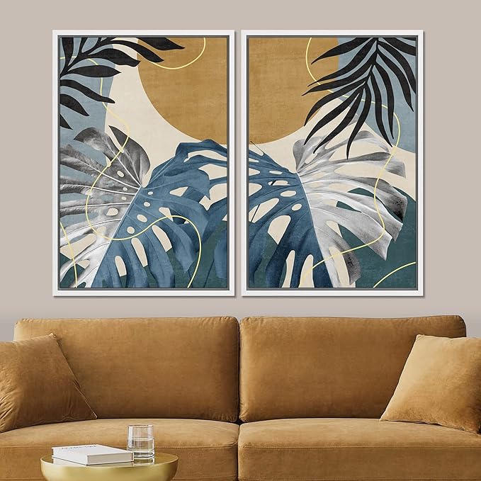 SIGNFORD Framed Canvas Print Wall Art Set Jungle Tropical Monstera Palm Leaf Abstract Shapes Illustration Modern Art Decorative Nordic Nature for Living Room, Bedroom, Office - 16"x24"x2 White