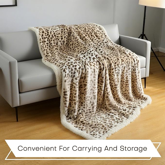 Electric Heated Blanket Twin Size 62"x84" - Microplush & Sherpa Fabric Dual-Sided, 6 Heat Settings & 10 Hours Auto Off, Cozy Warming Throw for Office or Bed, Machine Washable, Beige Leopard Print