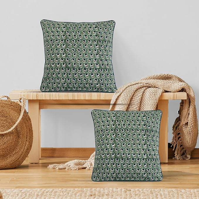 Ridhi Basil Green Block Print Cotton Canvas Throw Pillow Covers for Decorative Couch Pillows for Living Room, Chic Boho Cute Outdoor Valentine Pillows Covers Gifts 24x24 Inches