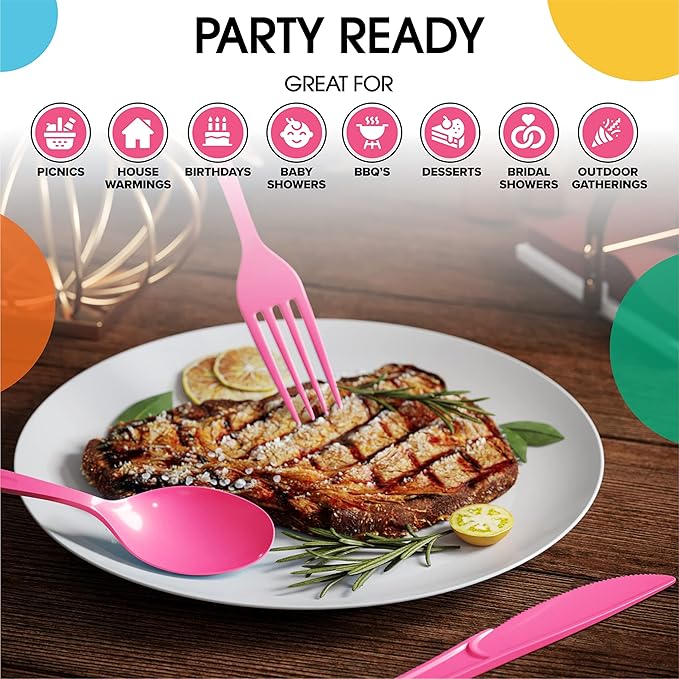 Party Solids Hot Pink Plastic Knives 200 Pcs Hot Pink Knives Disposable Utensils Heavy Duty Plastic Cutlery Set Disposable Cutlery Sets Flatware Sets Silverware Set Party Supplies & Party Tableware